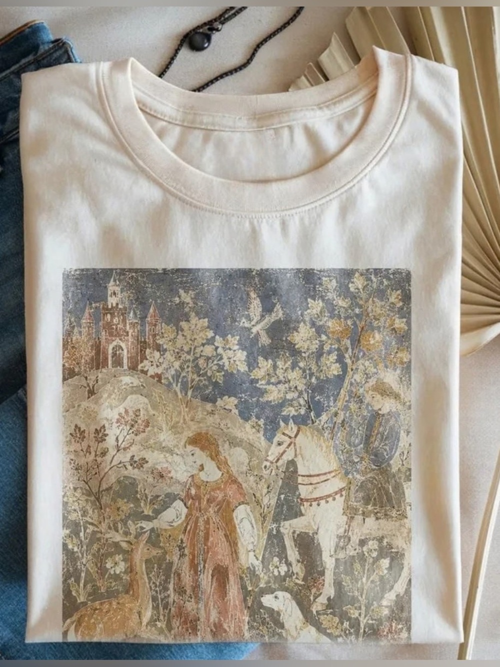 Cream Medieval Graphic Tee with Vintage Fairytale Print